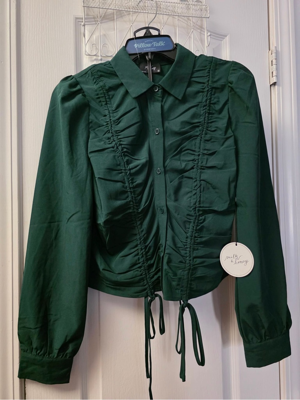 Smocked Front Button-Down Shirt in Dark Green